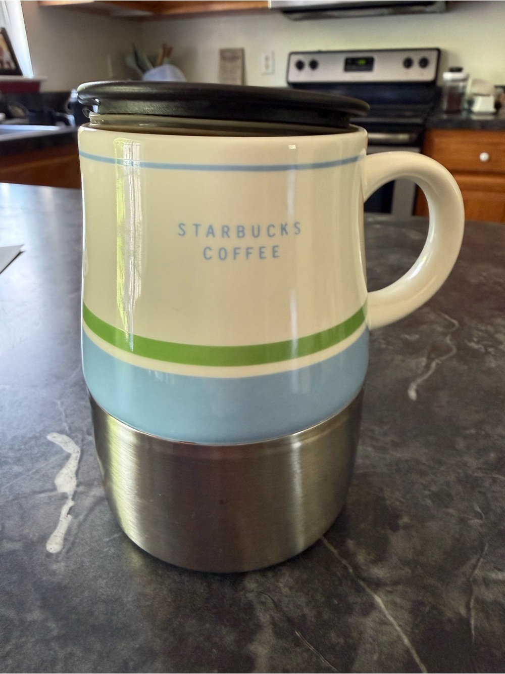 Starbucks Blue Green White Coffee Mug Travel Cup 2005 Metal Bottom 14 oz w/ Lid